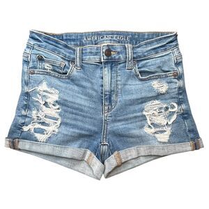 American Eagle Hi-Rise Shortie Distressed Denim Shorts Size 0 Next Level Stretch